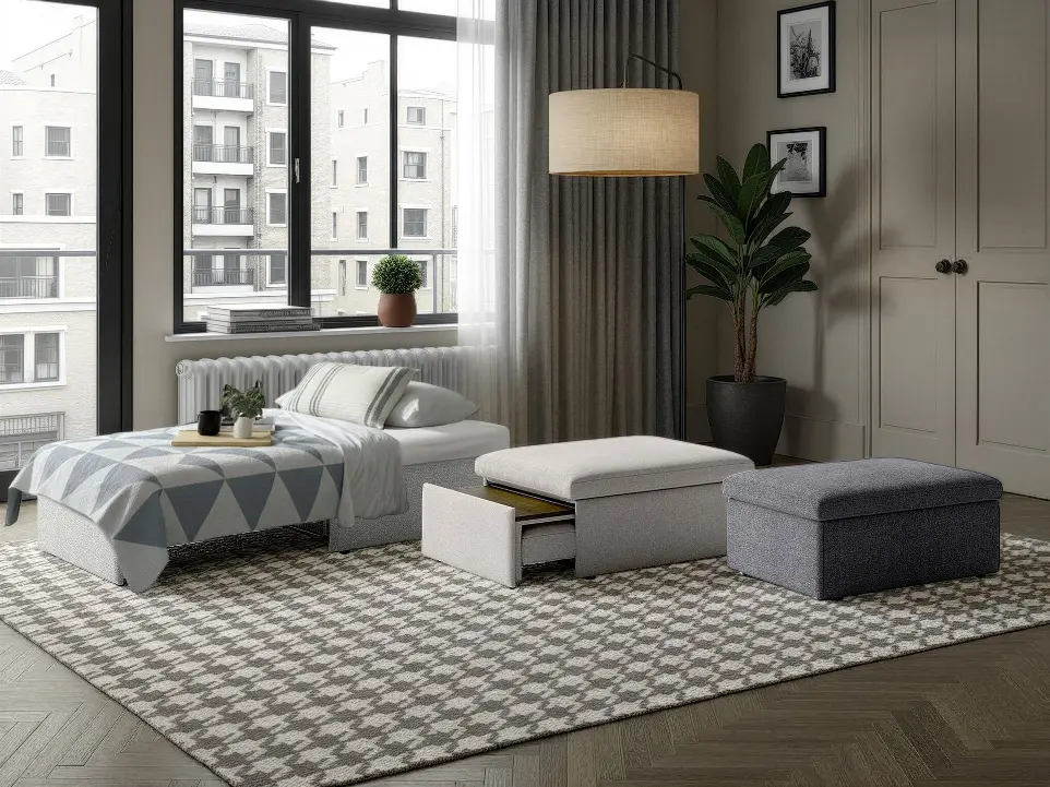 Otto Sleeper Ottoman Luonto Ottos convertible sleeper ottoman shown as twin bed with storage ottomans featuring pull-out drawers, multi-functional furniture.