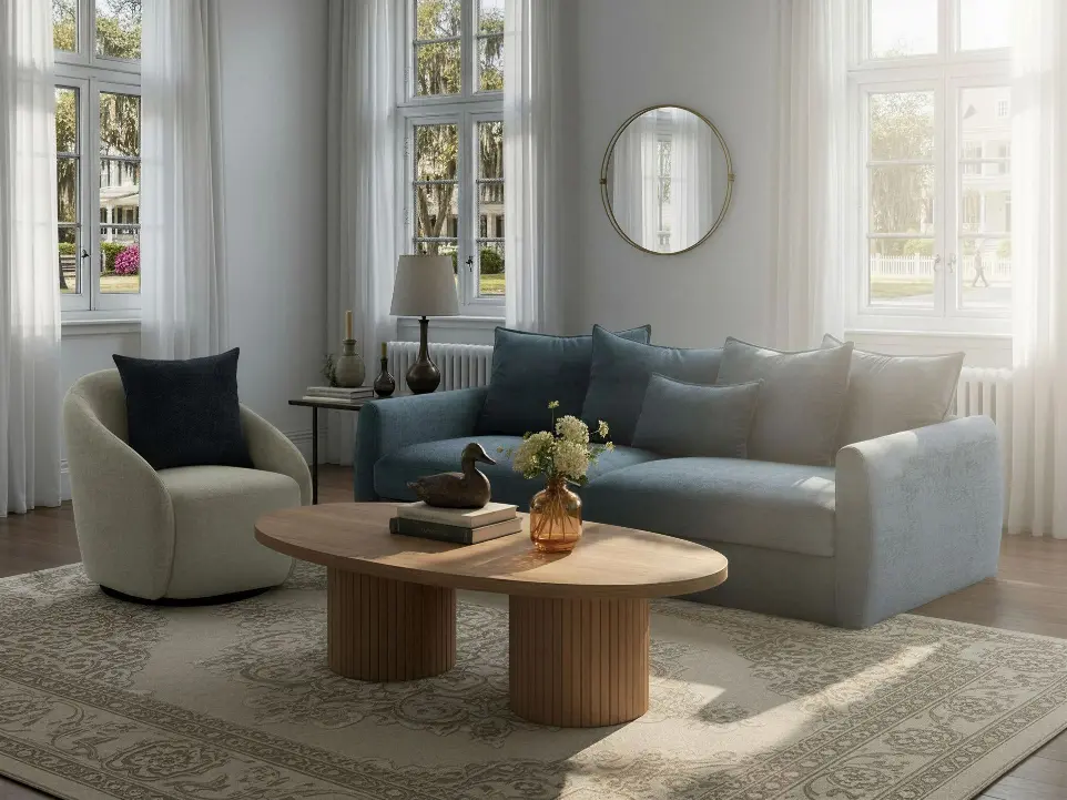 Regalia Swivel Chair with Winslow Sofa Luonto Winslow modern sofa in soft blue fabric paired with Regalia cream swivel chair, European-made upholstered furniture.