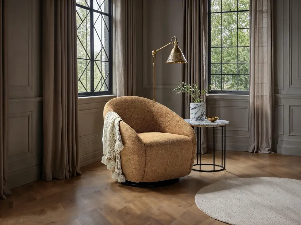 Regalia Swivel Chair Luonto Regalia swivel chair in camel textured fabric with curved barrel back design on black swivel base.