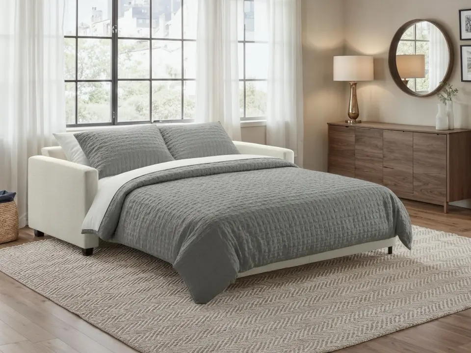 Fantasy King Sleeper Sofa - Cerona 02 Luonto Fantasy queen sleeper sofa shown open as pull out couch with gray bedding, cream fabric upholstery.