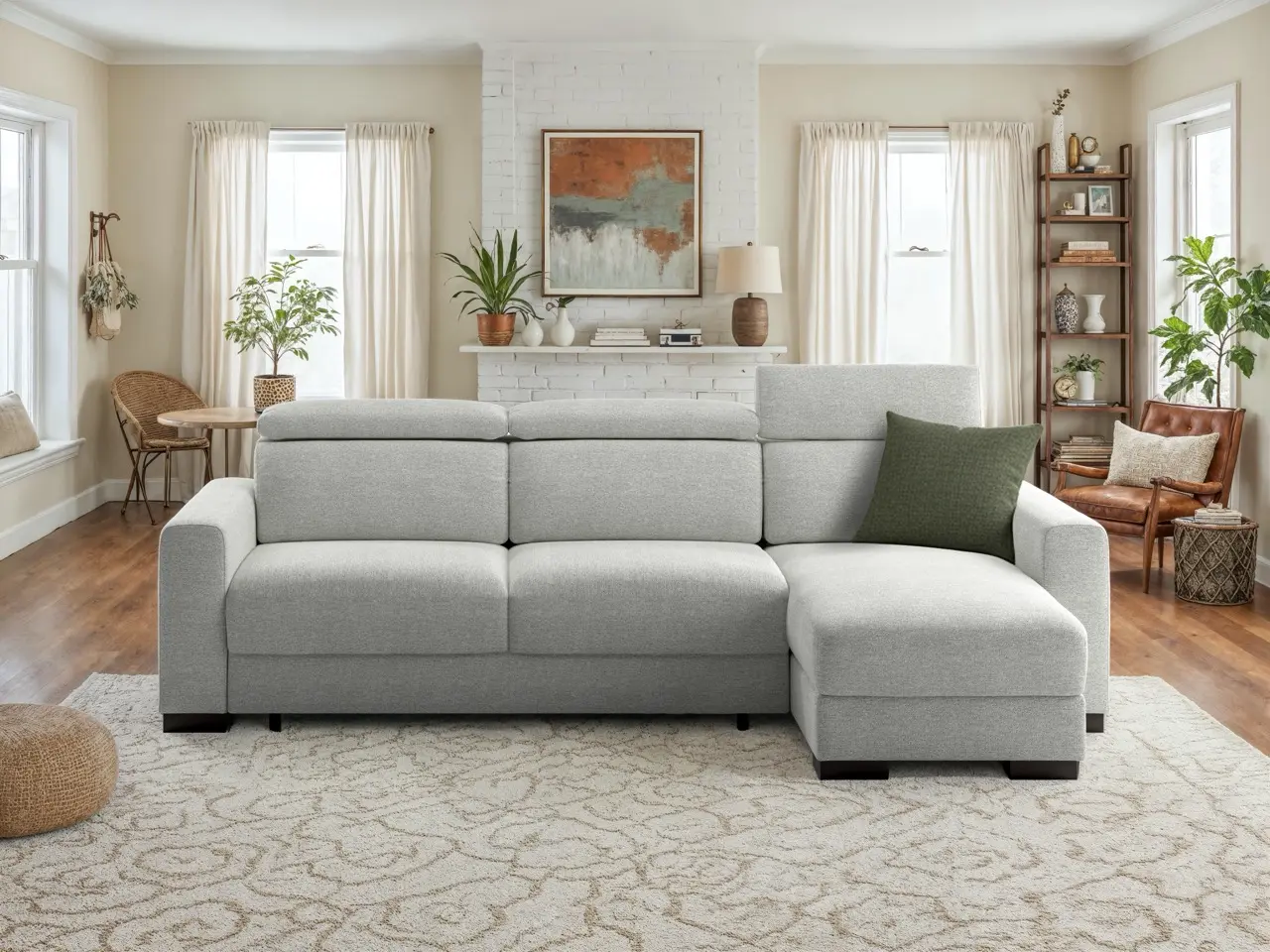 Elliot Queen Sleeper Sectional - Lea 40 Luonto Elliot sectional sofa with right-facing chaise and adjustable headrests in light gray upholstery.